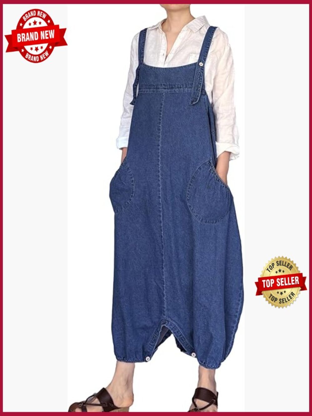 Casual Loose Jumpsuit Long Baggy Bib Pants Wide Leg Overalls Cotton with Pockets